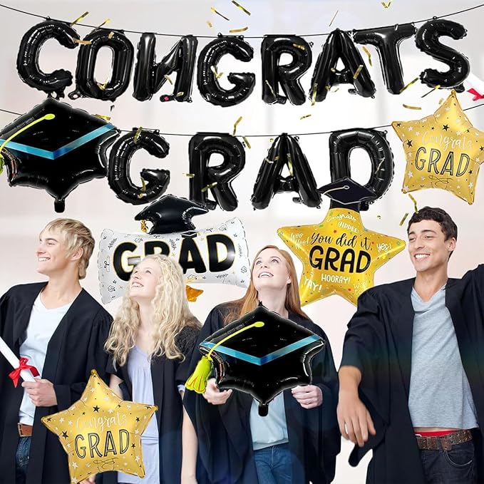 6pcs Graduation Cap Decorations Set, Graduation Balloon And Congrats Grad Balloons, Grad Foil Balloons For College High School Party Decorations 2026