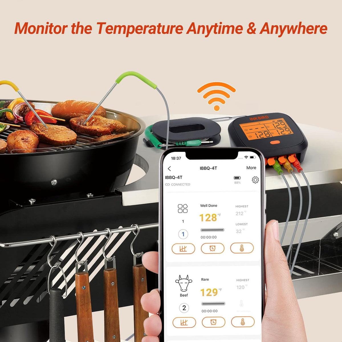 Inkbird WiFi Meat Thermometer for Grilling, Unlimited Rang Rechargeable BBQ Thermometer APP Calibration, Temp Graph Mobile Notification