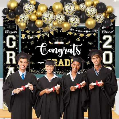 AIBIIN 60pcs Graduation Decorations Class of 2026 Black Gold Graduation Balloon Arch Kit with Congrats Grad Backdrop Class of 2026 Porch Sign Banner Congrats Grad Prom Party Decorations Supplies