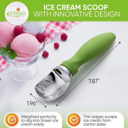 Spring Chef Green Heavy Duty Ice Cream Scoop with Non-Slip Handle - Professional Metal Ice Cream Scooper for Cookie Dough, Frozen Yogurt, Gelato, Sorbet, Melon - Dishwasher Safe Kitchen Tool