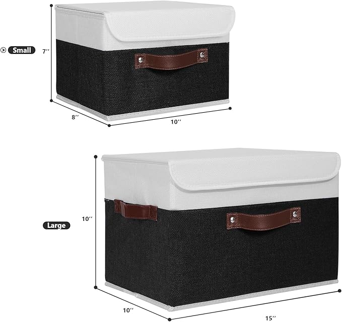 ANMINY Storage Boxes with Lids Washable Decorative Storage Bins Basket with PU Leather Handle Foldable Linen Fabric Storage Cubes Containers for Home Closet Organizer - Black White, Small Size