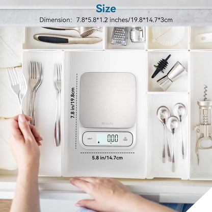 BOMATA Waterproof IPX6 Kitchen Scale, 0.1 g/0.01 oz High Precision, 5 kg/11 lbs, Digital Scale with Backlight, Stainless Steel Weighing Platform, for Food, Cooking, Baking, Weight Loss.. B619, White