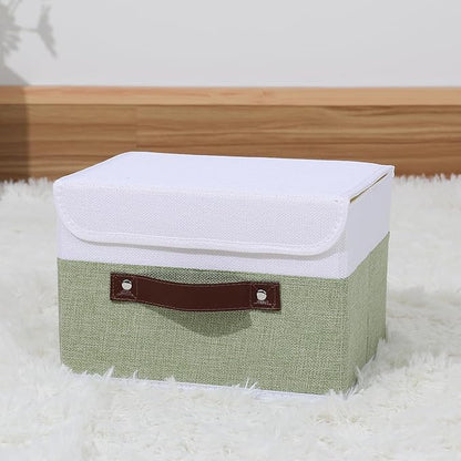 ANMINY Storage Boxes with Lids Washable Decorative Storage Bins Basket with PU Leather Handle Foldable Linen Fabric Storage Cubes Containers for Home Closet Organizer - Green White, Small Size