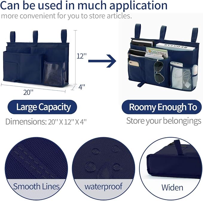 Bseash Bunk Bed Organizer, Bedside Caddy Hanging Bed Organizer Storage Bag 8 Pockets, for College Dorm Rooms Bed, Hospital Bed, Baby Bed Rails, 600D Oxford Cloth (Navy Blue)