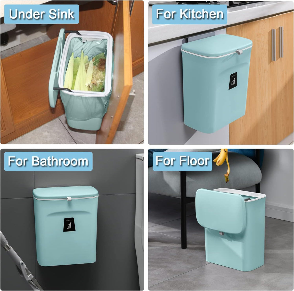 Tiyafuro 2.4 Gallon Kitchen Compost Bin for Counter Top or Under Sink, Hanging Small Trash Can with Lid for Cupboard/Bathroom/Bedroom/Office/Camping, Mountable Indoor Compost Bucket (Blue)