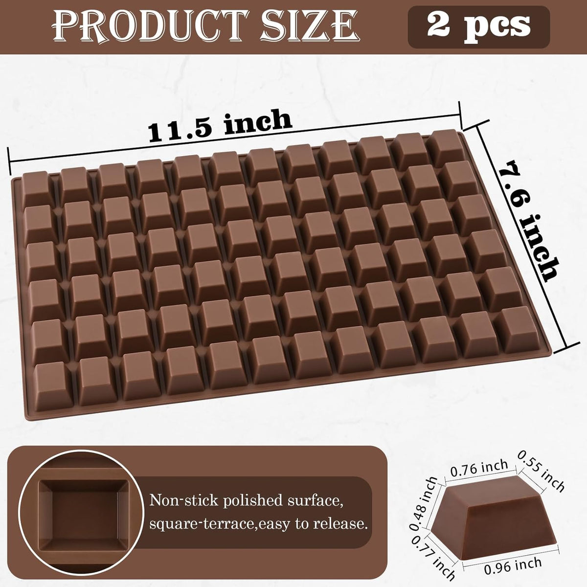 Sakolla 2 Pack Square Chocolate Molds, 72 Cavities Terrace Silicone Molds for Chocolate, Candy, Gummy, Jelly, Ganache, Ice Cubes (Brown)