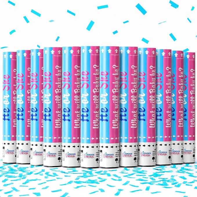 Gender Reveal Confetti Cannon | No Powder Confetti Poppers | Ideal for Baby boy Gender Reveal Decoration (12 blue)