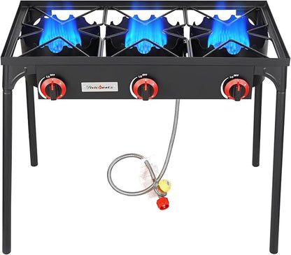 Vivicreate 3 Burner High pressure Propane Stove, 28 Inch Tall Camping Stove with cast iron burner 105000 BTU power, Stable Legs for Outdoor Use