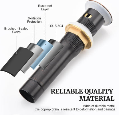 Pop up Sink Drain Stopper for Bathroom Vessel Vanity Sink Art Basin Oil Rubbed Bronze, Small Cap with Overflow, Metal Pop-up Drain Strainer with Detachable Basket Stopper