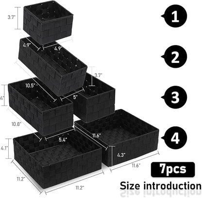 Storage Bins Woven Organizer Set of 7 – Polypropylene Storage Baskets with Metal Frame, Stackable Fabric Boxes for Drawers, Closet, Shelf, Nursery and Office, Black