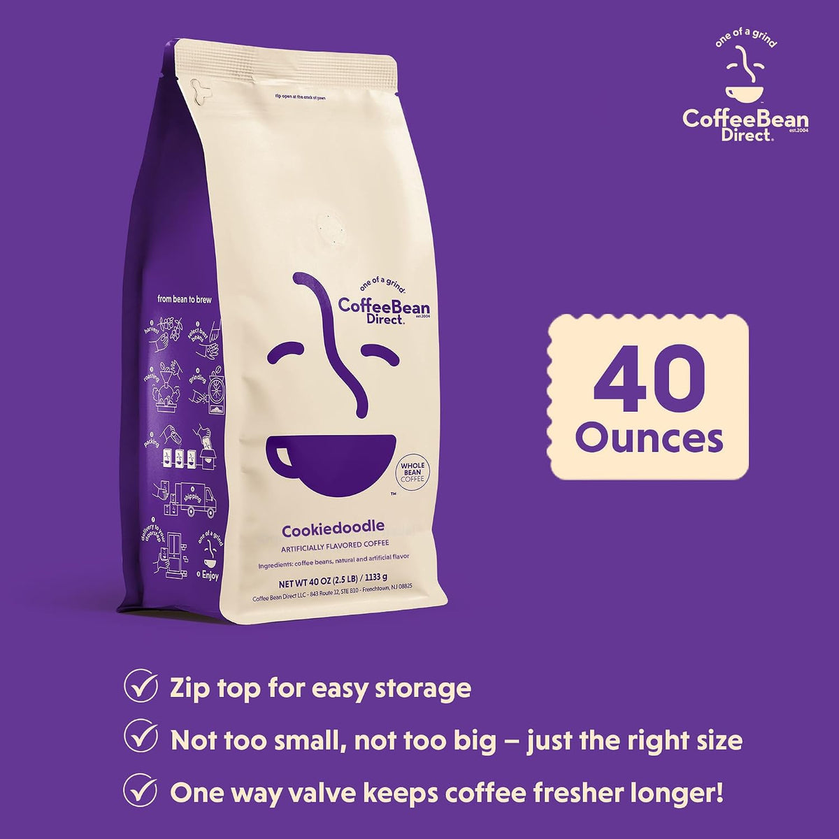 Coffee Bean Direct Cookiedoodle Flavored, Whole Bean, 2.5lb Bag | Light Roast, Chocolate Hazlenut Cinnamon Flavored Coffee Beans