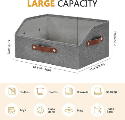 Bagnizer Closet Organizers and Storage, Linen Trapezoid Storage Bins with Handles, Collapsible Shelf Organizer for Blanket, Towel, Clothes, Hats, Purse (Gray)