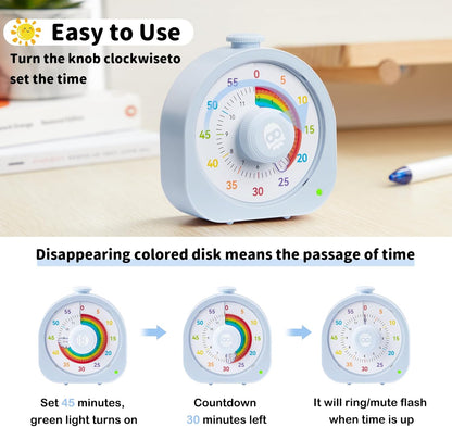 Visual Timer for Kids, Rechargeable Timer for Classroom Office Kitchen with 'Rainbow' Pattern Design, 60min/12h Silent Countdown Timers