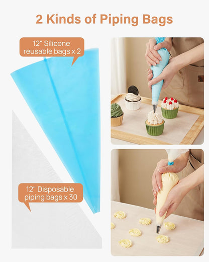 Kootek 96 Cake Decorating Kit Baking Supplies for Beginner &amp; Professional | Cake Stand Turntable, 24 Icing Piping Tips, 30+2 Disposable Reusable Pastry Bag, Cake Leveler, Video Tutorial, Pattern Chart