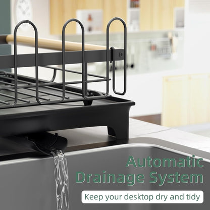 2 Tier Dish Drying Rack, Drying Rack with Automatic Drainboard, Dish Racks for Kitchen Counter, Rustproof Dish Drainer with Removable Utensil Holder, Cups Holder,Black