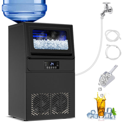 Commercial Ice Maker Machine 100 LBS/24H, 36 Ice Trays Freestanding & Undercounter Ice Machine Stainless Steel with 20 LBS Ice Storage Capacity, Ice Maker with Water Line, Dual Water Inlet, Black