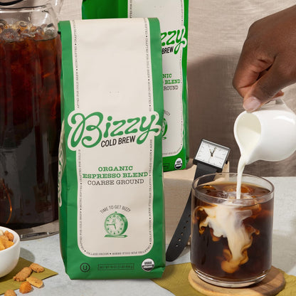 Bizzy Organic Cold Brew Coffee, Espresso Blend, Coarse Ground Coffee, Medium-Dark Roast, Micro Sifted, Specialty Grade, 100% Arabica, 1 LB
