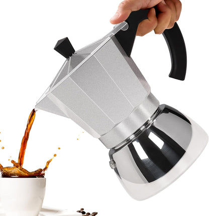 No Coating 4 Cup Aluminum and Stainless Steel Moka Pot Stovetop Espresso Maker Italian Coffee Machine 220ml 7.44oz Suitable for Gas Induction Stovetop Greca Coffee Maker Percolator Silver