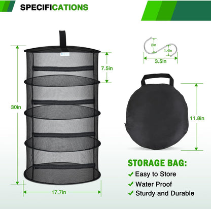 Yesker 4 Layer Herb Drying Rack Hanging Mesh Net Foldable Plant Drying Racks 18" Diameter with Black Zipper & Hook Dryer Hanging Rack for Herbs Seed Bud Fruit Clothes Grow Tent Closets Garden Outdoor