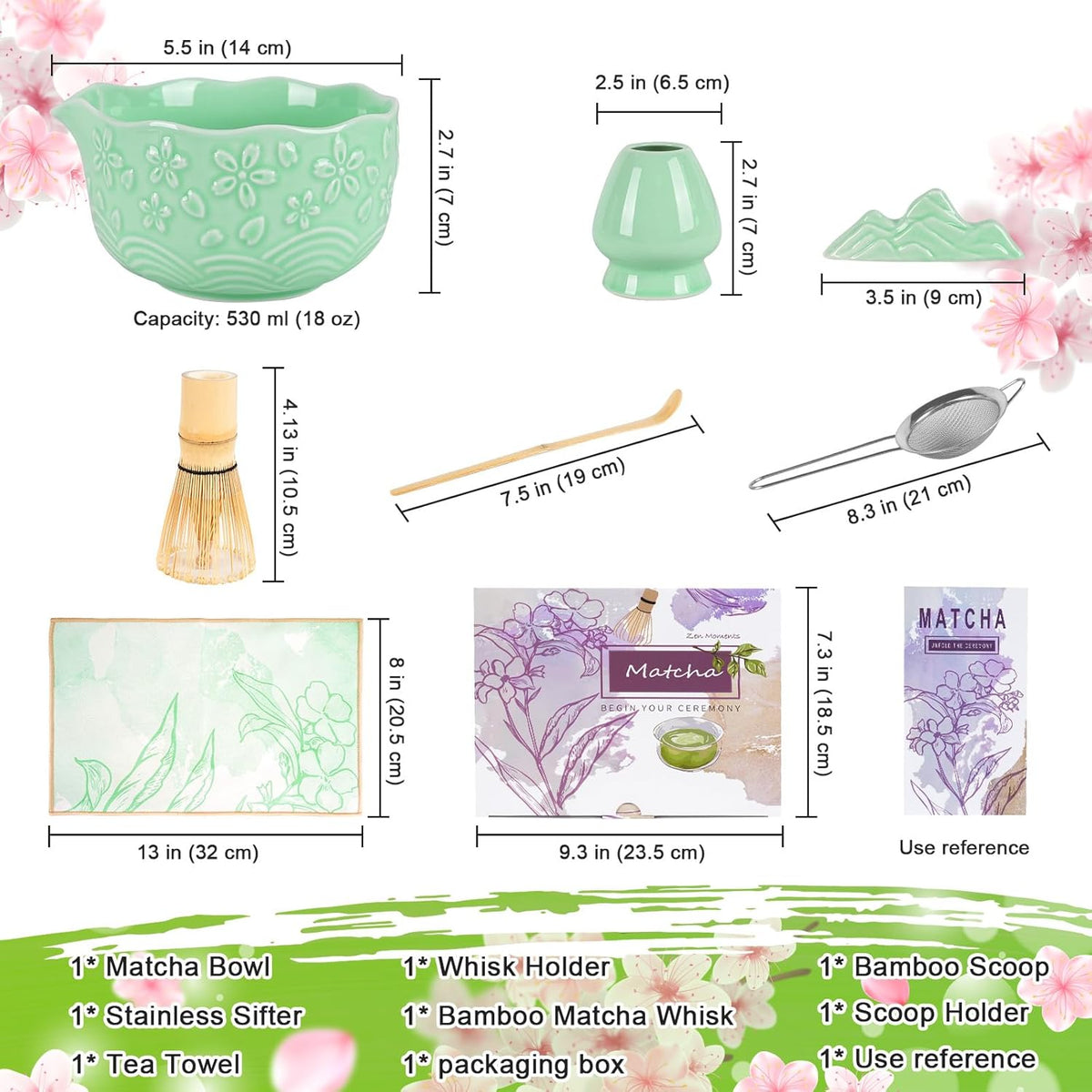 Matcha Whisk Set, Matcha Set 7 Pieces - Ceramic Matcha Bowl with Spout, Bamboo Chasen Whisk & Holder, Scoop, Sifter, Tea Towel - Complete Kit for Matcha Tea Ceremony, Latte, Ideal Gift(Green)