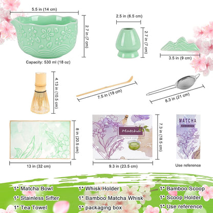 Matcha Whisk Set, Matcha Set 7 Pieces - Ceramic Matcha Bowl with Spout, Bamboo Chasen Whisk & Holder, Scoop, Sifter, Tea Towel - Complete Kit for Matcha Tea Ceremony, Latte, Ideal Gift(Green)