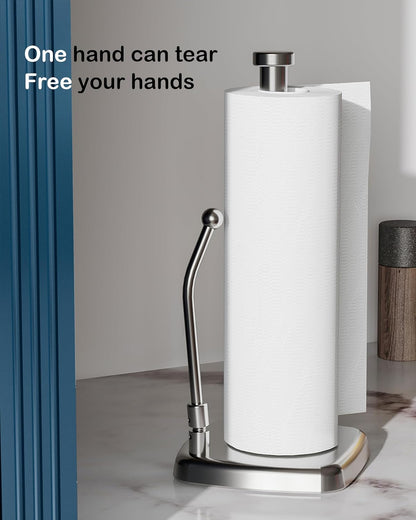Paper Towel Holder Countertop, Paper Towel Dispenser Standing Weighted Base Non-Slip, Spring Arm Fit Most Size Paper Roll, Stainless Steel Paper Towel for Home Kitchen Tabletop, Sliver