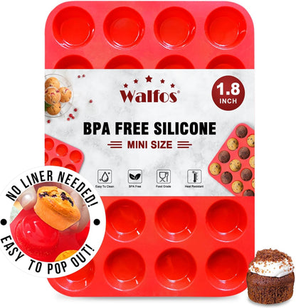Walfos Mini Silicone Muffin Pan - 24 Cups, BPA Free and Dishwasher Safe, Non-stick Silicone Cupcake Baking Pan, Great for Making Muffin Cakes, Tart