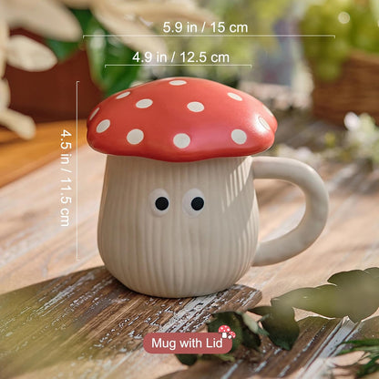 Cute Mushroom Mug with Lid, Handmade Glaze Cover & Eyes, Safety Matt Ceramic Milk Mugs, 12 oz Cartoon Tea Cup. Best Gifts for Women & Girls.