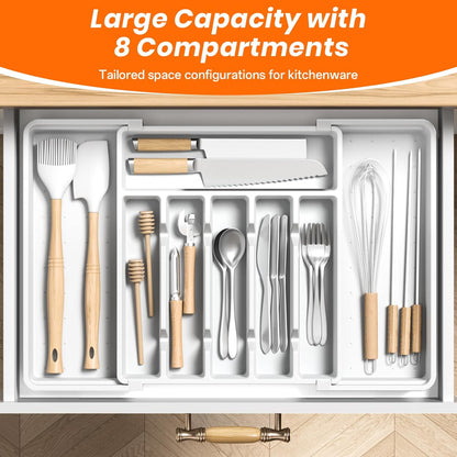 Large Silverware Organizer,Expandable Utensil Drawer Organizer,BPA Free Utensil Holder,Adjustable Silverware Tray Cutlery Drawer Organizer for Kitchen Flatware,Large,White,2 Pack