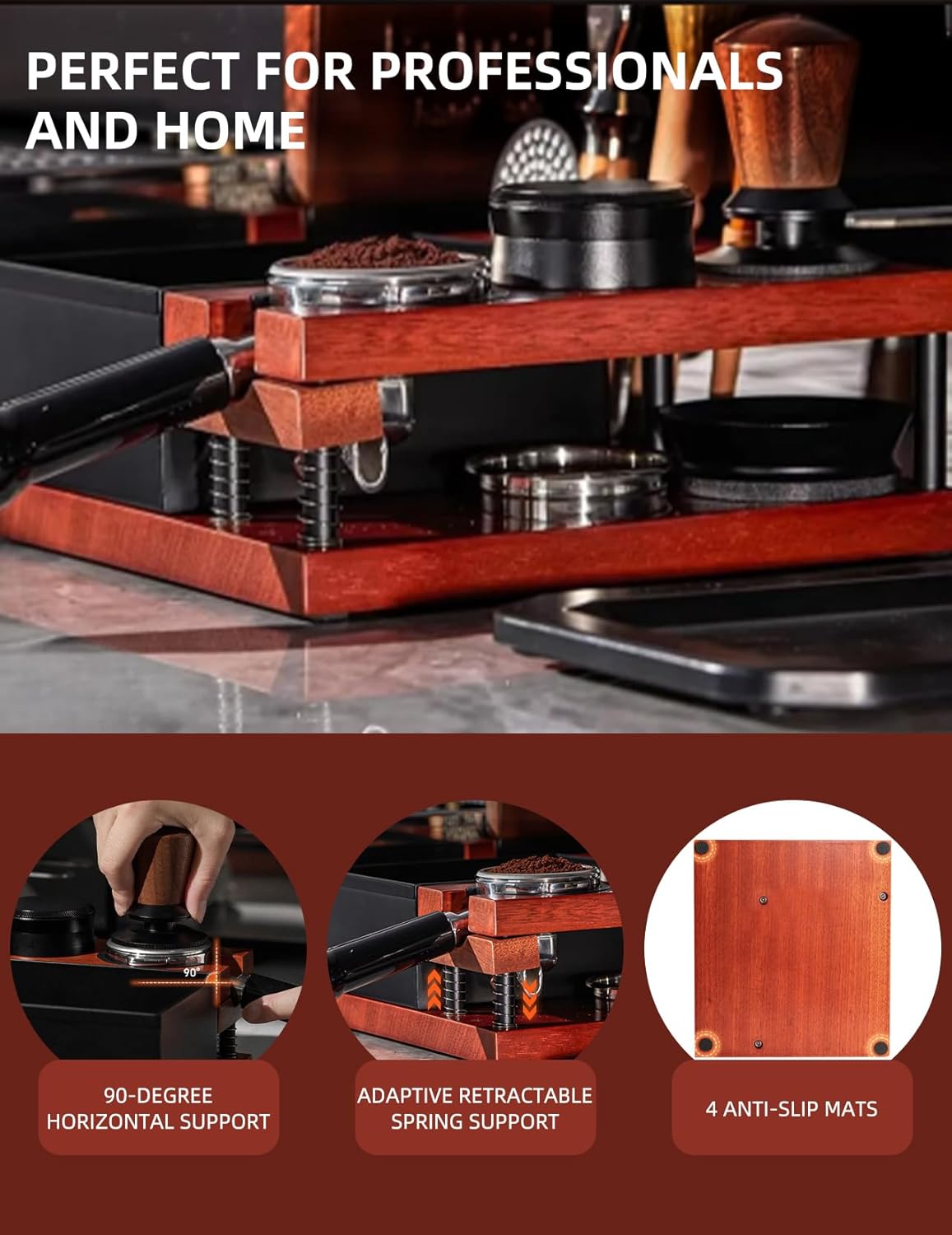 Espresso Tamping Station, Wood Knock Box with Self Leveling Spring Magnetic 51 to 58mm Portafilter Fit Tool Dock for Home Baristas, Coffee Shops