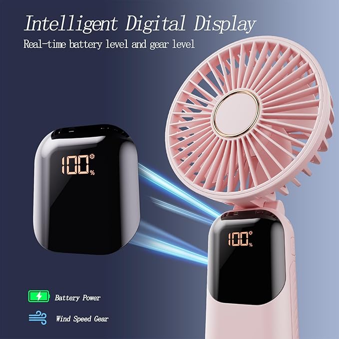 GOCKERA Portable Fan, 4200mAh Battery Operated Fan, 5 Speeds&Digital Display, Makeup Fans for Women with Base, 180°Foldable 3in1 Handheld/Neck/Desk Fan for Outdoor Indoor,Ultra Quiet (Pink)