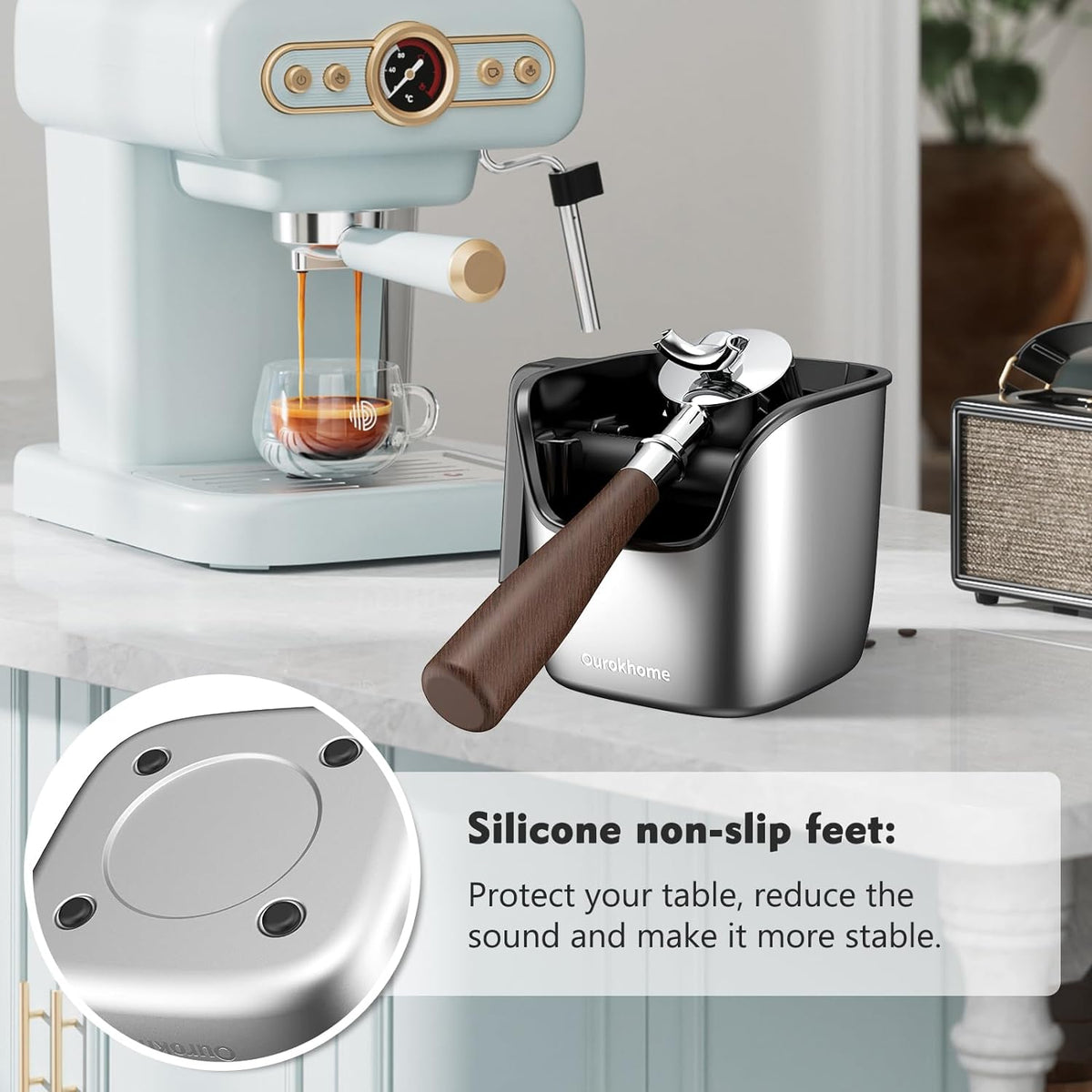 Ourokhome Knock Box Espresso Accessories, The Latest Patented Stainless Steel Espresso Machine Tool for Coffee Ground with Removable Knock Bar