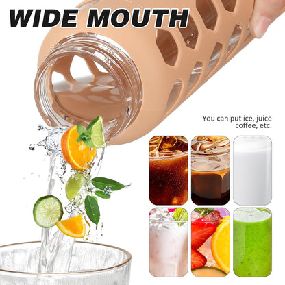 MUKOKO Glass Water Bottles, 24oz Glass Tumbler with Straw, Drinking Bottles with 2 Lids-Handle Spout Lid&Bamboo Straw Lid, Motivational Water Bottle with Time Marker and Silicone Sleeve, 1 Pack-Amber