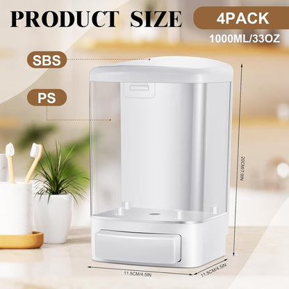 Hushee 4 Pcs Plastic Wall Mounted Soap Dispenser Commercial Manual Soap Containers Wall Dispenser for Kitchen Shower Hotel Liquid Shampoo Gel Chamber(33.8 oz 1000 ml,White)