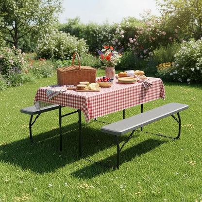 Giantex 4.5 FT Folding Picnic Table Bench Set- Outdoor Dining Set for 4-6 Persons w/All-Weather HDPE Tabletop, Metal Leg, Large Outside Dining Table for Lawn Patio Garden Yard Poolside, Grey