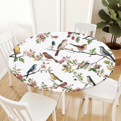 Spring Summer Round Fitted Tablecloth with Elastic Edge Bird Floral Easter Circle Table Cloth for 40-44" Round Tables Wipeable Waterproof Hummingbird Flower Table Cover for Outdoor Picnic Dining Decor