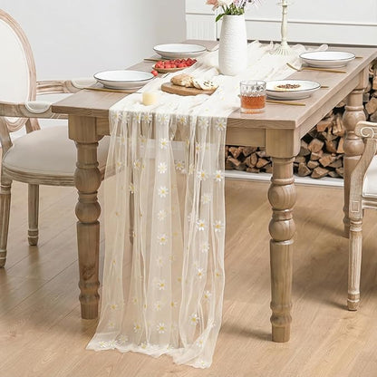 Horaldaily Champagne Embroidery Daisy Spring Summer Gauze Tablecloth 60×104 Inch Rectangular, Seasonal Tulle Table Cover, Garden Party Decorations for Wedding, Party, Holiday Dining