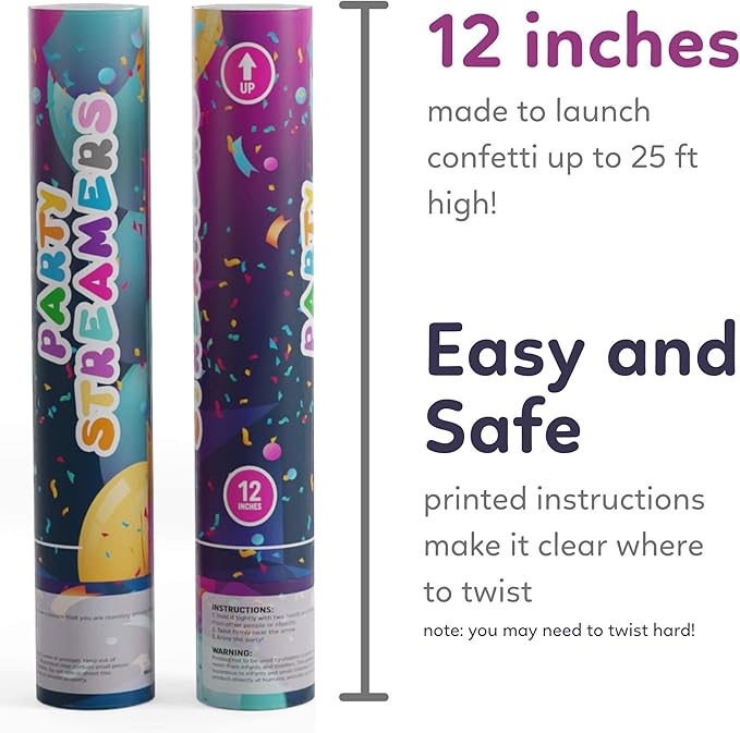 No Mess Streamer Confetti Cannon Party Poppers | 6 Pack | Multicolor Streamers | Glitter Bomb Confetti Shooters | Decoration for Birthday, Wedding | Launches 25 ft | 12 inch | TUR Party Supplies