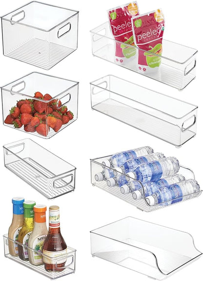iDesign Fridge Storage Bin Set - Includes Bins with Handles and Water Bottle Holder, Set of 8, Clear