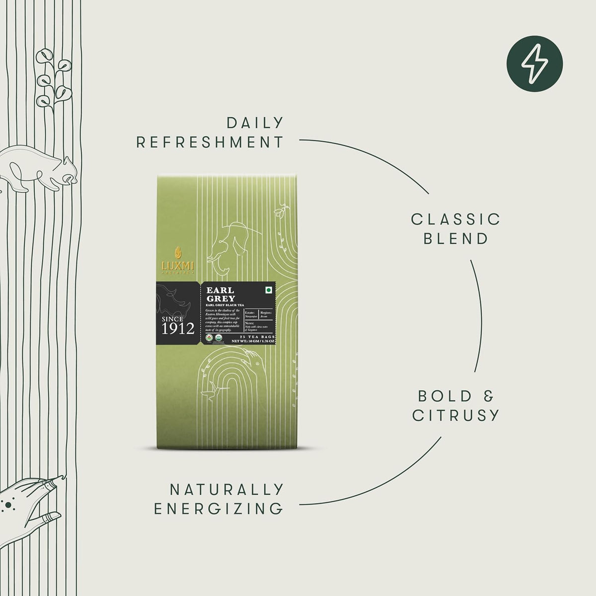Luxmi Estates Garo Hills Earl Grey Tea 25 Tea Bags (50g) Pack | Certified Organic Black Tea