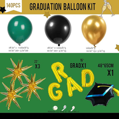 2026 Graduation Party Decorations Green Black Gold Balloons Garland Arch Kit 130pcs-Congrats Grad Golden Letter Balloons for 2026 Prom Party Supplies