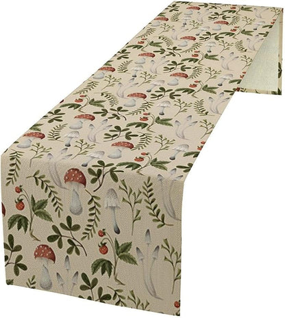 Mushroom Table Runner,Vintage Rustic Boho Botanical Plant Print Tablerunner for Home Kitchen Dining Coffee Table Indoor Outdoor Party Decor 13x108in