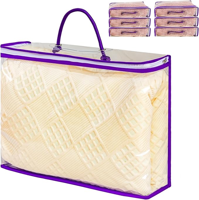 6 Pcs Storage Organizer Bags for Clothes, Clear Zippered Storage Bags for Sweater Blanket Bed Sheet Storage, Plastic Storage Bags with Zipper for Closet Linen Sweater Blanket (Purple)