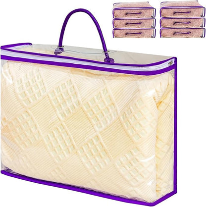 6 Pcs Storage Organizer Bags for Clothes, Clear Zippered Storage Bags for Sweater Blanket Bed Sheet Storage, Plastic Storage Bags with Zipper for Closet Linen Sweater Blanket (Purple)