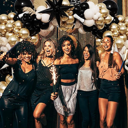 Black And Gold Balloon Arch Kit,Sand White Chrome Gold Balloons with Exploding Star Foil Balloons for New Year Decorations Graduation Retirement Adult Birthday Party Wedding Decor