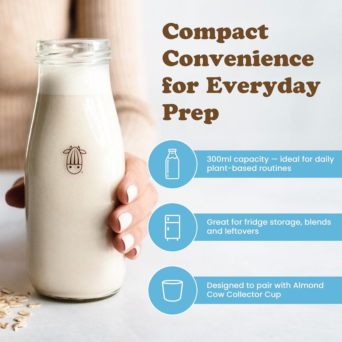 Almond Cow 300ml Glass Jar with Rust-Resistant Aluminum Cap - Reusable, Eco-Friendly Storage for Plant-Based Milk, Creamers, Wellness Shots