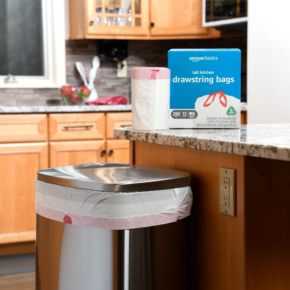Amazon Basics 13 Gallon Tall Kitchen Drawstring Trash Bags, Unscented, 10% Post Consumer Recycled, 200 Count