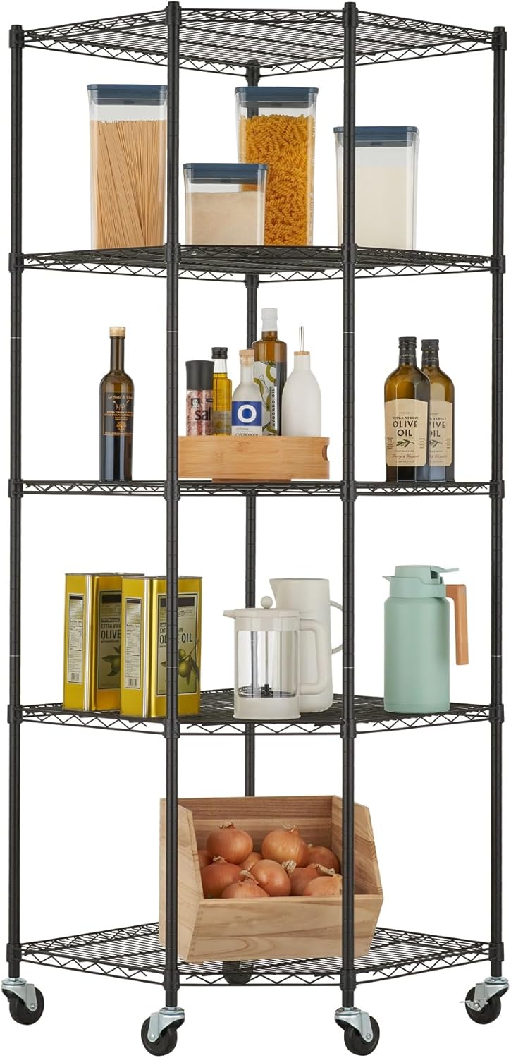5-Tier Adjustable Wire Shelving with Wheels, Corner Wire Shelf Rack for Kitchen Organization, Garage Storage, 400 to 2000lb Capacity, NSF Certified, 27”x27 x18”x72”, Black