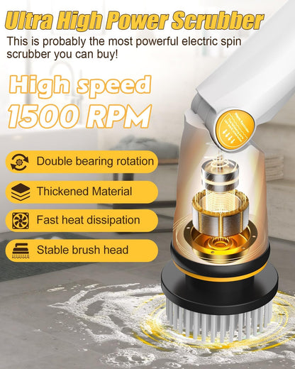 Qimedo Electric Spin Scrubber with Two Batteries Q2 Pro,1500 RPM High Power Electric Scrubber for Cleaning