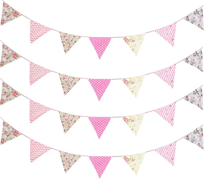 Zwiebeco 32Ft Pink Floral Fabric Bunting Triangle Flags Cotton Flower Pennant Banner Decoration for Birthday Wedding Engagement Baby Shower Tea Party Spring Rustic Village Home Garden Décor